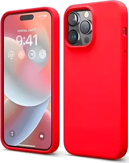 Helmet Protective Case for Apple iPhone 14 Pro, Red Soft Touch Silicone Full-Body Cover with Raised Camera Bezel Lens Protection
