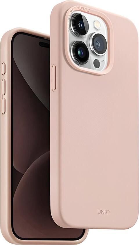 UNIQ Lino Hue Hybrid Case for iPhone 15 Pro, Pink, Liquid Silicone and Microfibre, MagClick Magnetic Wireless Charging, Interchangeable Camera Bezels