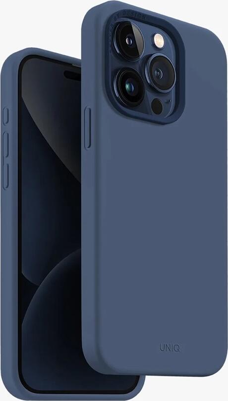UNIQ Lino Hue Hybrid Case for iPhone 15 Pro, Blue, Liquid Silicone and Microfibre, MagClick Magnetic Wireless Charging, Interchangeable Camera Bezels