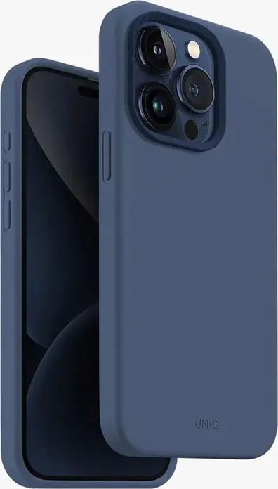 UNIQ Lino Hue Hybrid Case for iPhone 15 Pro, Blue, Liquid Silicone and Microfibre, MagClick Magnetic Wireless Charging, Interchangeable Camera Bezels