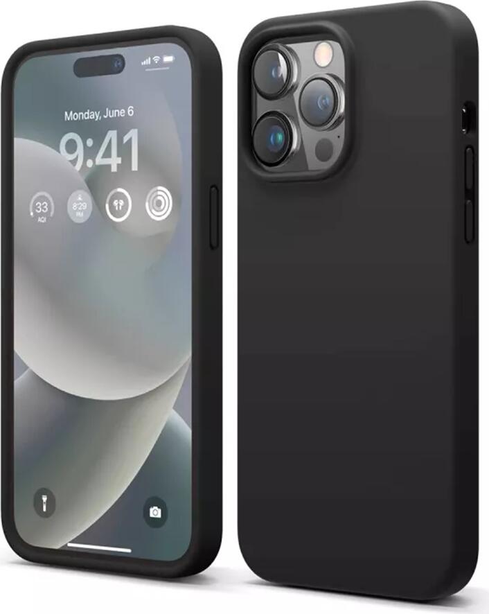 Helmet Liquid Silicone Case for Apple iPhone 14 Pro, Black, MagSafe Compatible Protective Cover with Microfiber Lining and Raised Camera Protection