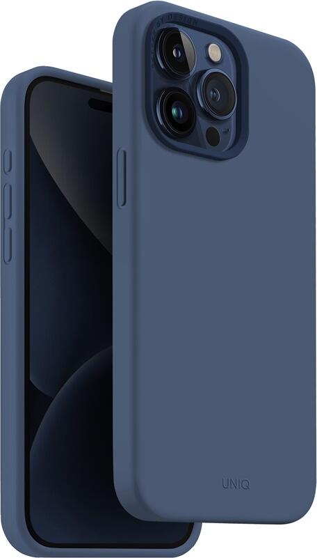 Чехол Uniq Lino Hue MagClick для Apple iPhone 15 Pro Max, Синий, гибридный двухслойный из жидкого силикона с микрофиброй, магнитная беспроводная зарядка