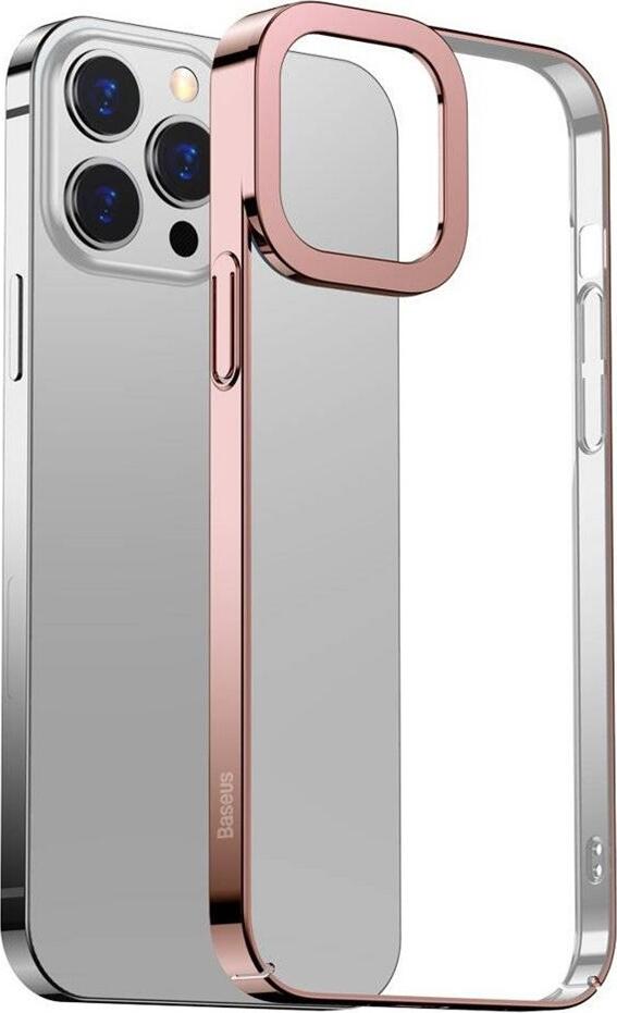 Husa Baseus Glitter pentru iPhone 13 Pro, Roz, Protectie Transparenta cu Margini Intarite Electroplate si Suport Inel Integrat