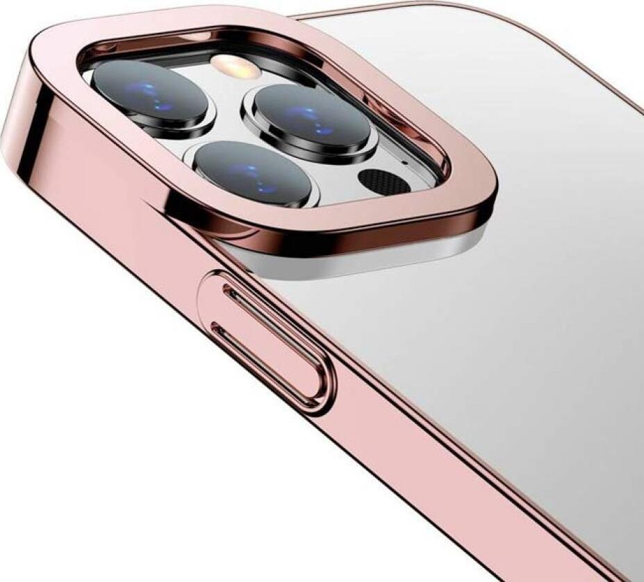 Husa Baseus Glitter pentru iPhone 13 Pro, Roz, Protectie Transparenta cu Margini Intarite Electroplate si Suport Inel Integrat