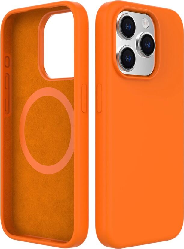 Helmet Liquid Silicone Case for Apple iPhone 14 Pro, Orange, MagSafe Compatible Protective Cover with Microfiber Lining and Raised Camera Protection