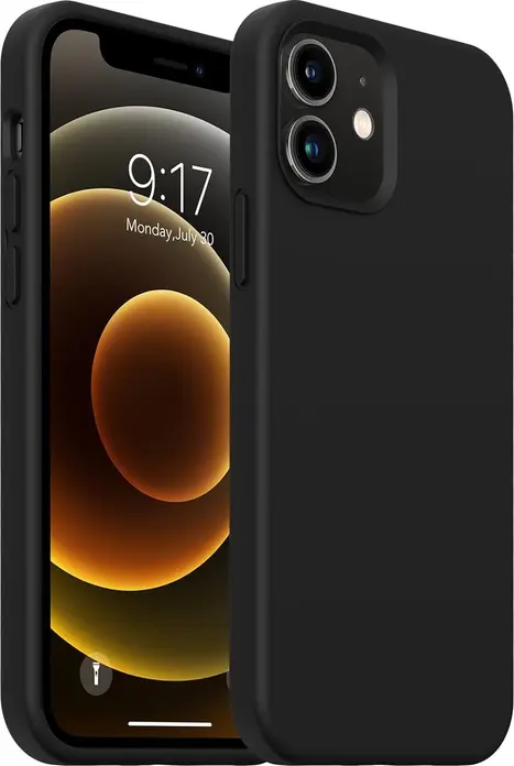 Black Helmet Case Liquid Silicone Protective Cover for iPhone 12 Mini (5.4"), MagSafe Compatible Shockproof Case with Microfiber Lining and Grip Texture