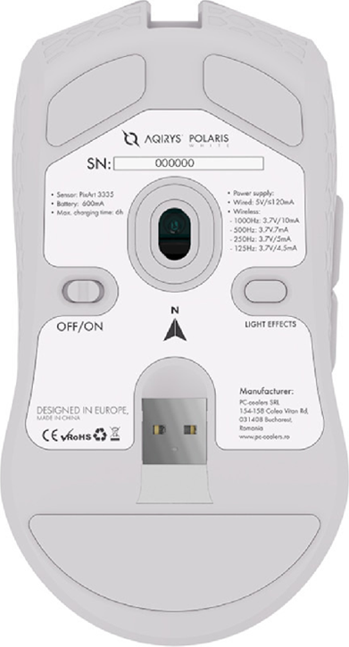 Aqirys Polaris Dual-Mode Wireless Gaming Mouse, PixArt 3335 Optical Sensor 16000 DPI, RGB Illumination, Kailh Switches, 7 Programmable Buttons, White