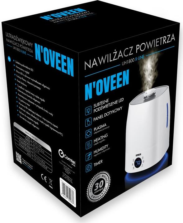 Noveen UH1800 X-LINE Ultrasonic Air Humidifier, 5L Tank, Warm and Cool Mist, Plasma Ionization, Automatic Humidity Control, Digital Display, White
