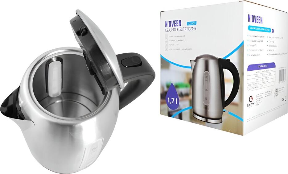 Noveen EK1405 Electric Kettle, 1.7L Capacity, 1850-2000W, Stainless Steel INOX Housing, STRIX Switch, Hidden Heating Element, 360 Rotating Base, Grey
