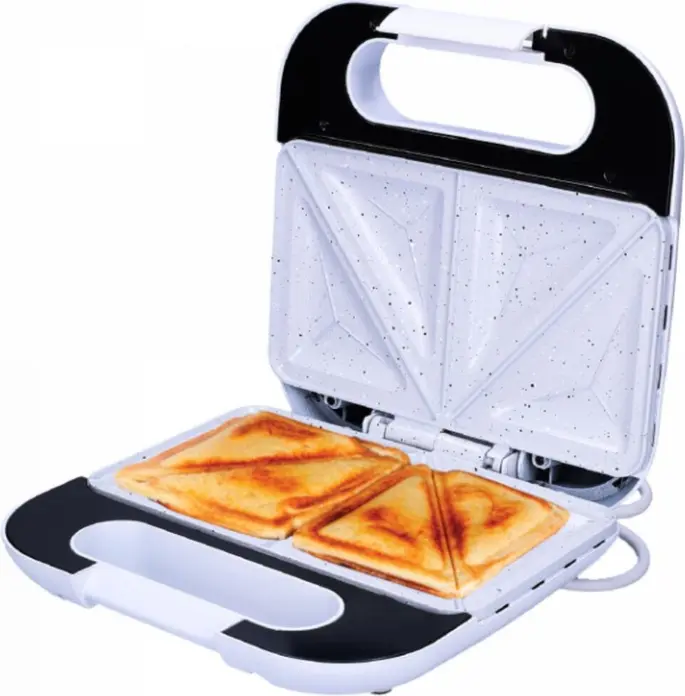 Sandwich Maker Noveen SM453 Ceramic Inox, 800W, Placi Ceramici Marmorate Antiaderente, Carcasă Inox, Mâner Termoizolat, Argintiu/Alb