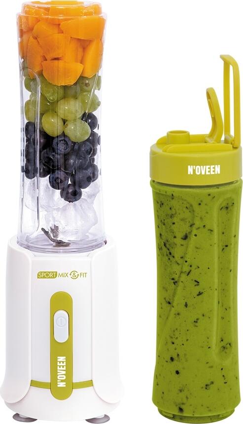 Blender Personal Noveen Sport Mix & Fit SB210, 300W, Cutite din Otel Inoxid pentru Gheata si Nuci, Sticle de 600ml din Tritan fara BPA, Verde