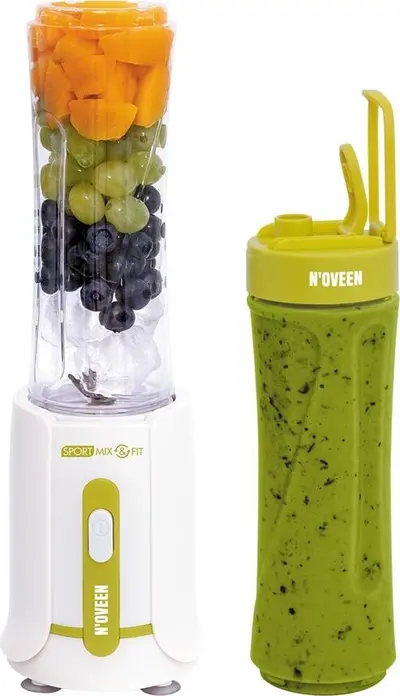 Blender Personal Noveen Sport Mix & Fit SB210, 300W, Cutite din Otel Inoxid pentru Gheata si Nuci, Sticle de 600ml din Tritan fara BPA, Verde