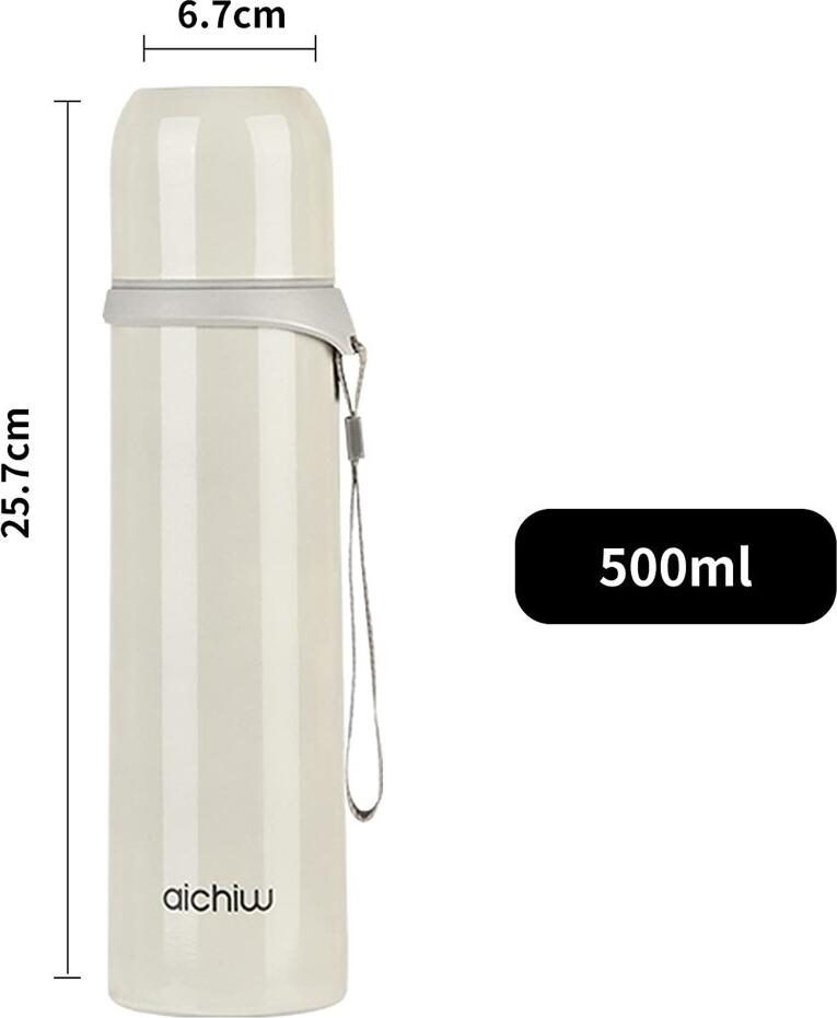 Aichiw AI-D78B Vacuum Insulated Stainless Steel Water Bottle, 500ml Double-Wall Thermal Flask for Hot and Cold Drinks, Leak-Proof with Carrying Strap