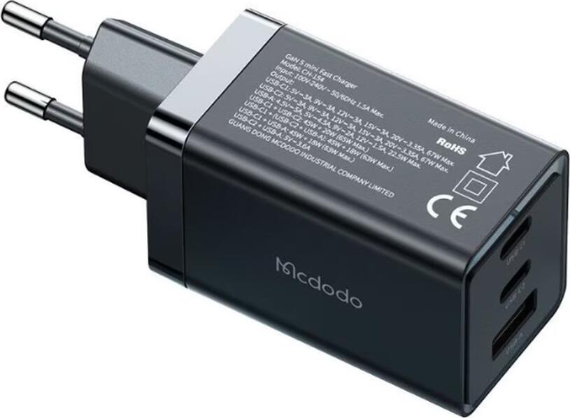 Mcdodo CH-1540 GaN 5 Mini Fast Charger 65W PD QC, 3 Ports (2x USB-C, 1x USB-A), Gallium Nitride Compact Wall Adapter, EU Plug