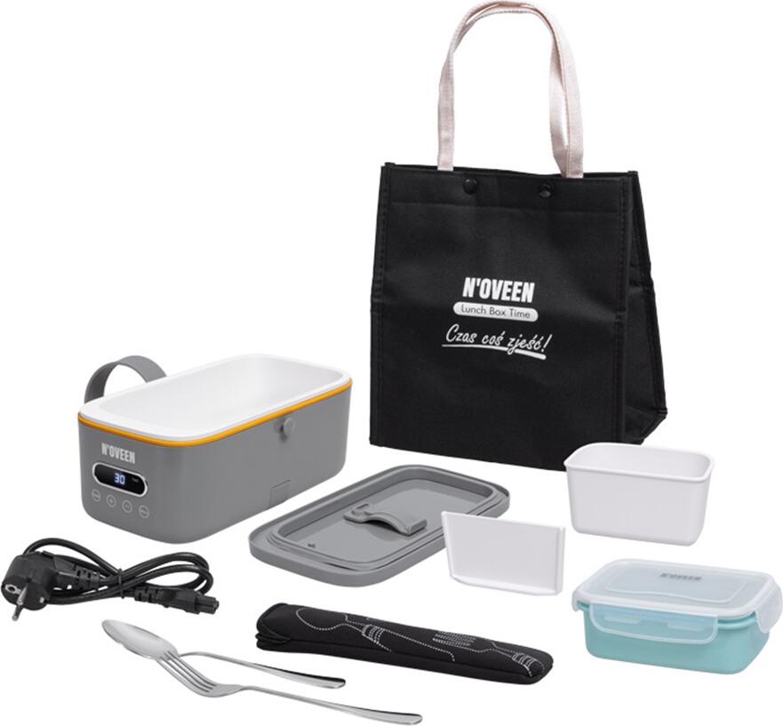 N'OVEEN MLB910 Xline Electric Lunch Box Food Heater, 1L Ceramic Non-Stick Container, 300W Digital Touchpad Timer, Grey, with Thermal Bag and Cutlery Set