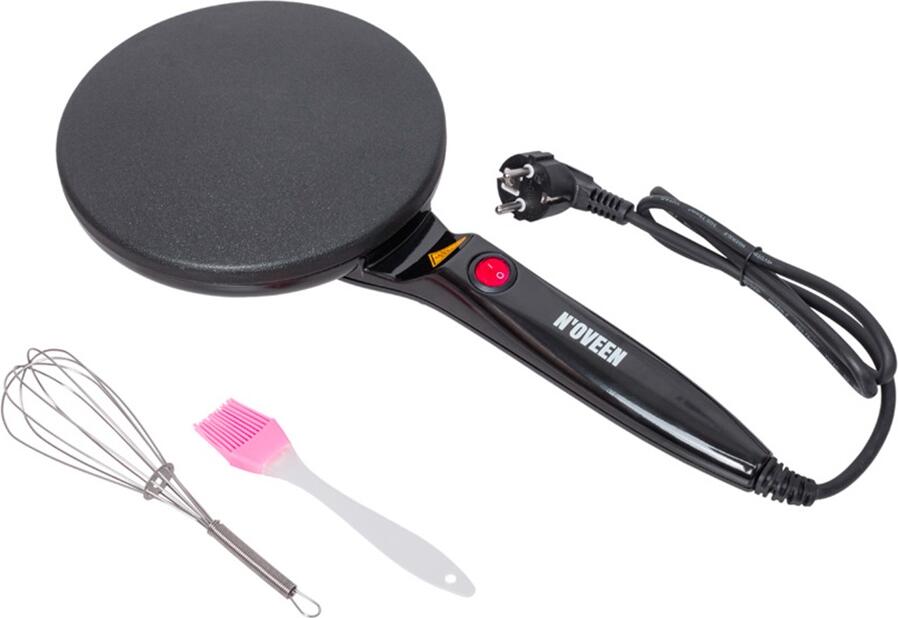 N'OVEEN ECM490 Electric Crepe Maker, Non-stick Teflon Coating, Adjustable Temperature Control with Indicator Light, Black and Silver, includes Brush and Whisk