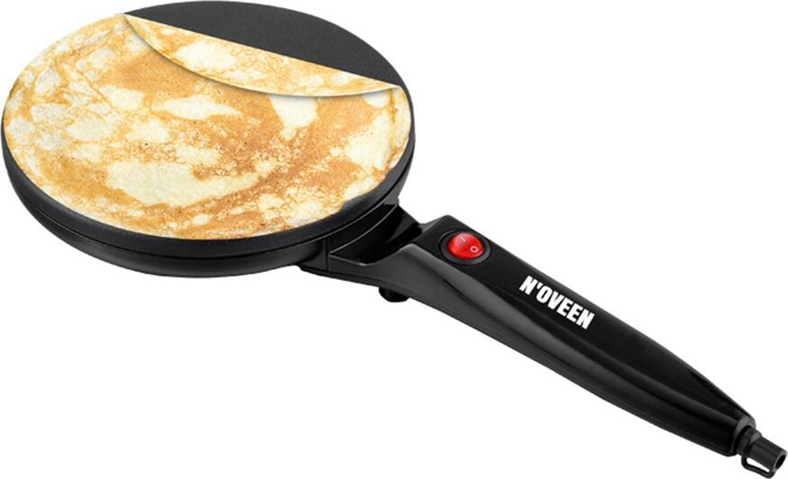 N'OVEEN ECM490 Electric Crepe Maker, Non-stick Teflon Coating, Adjustable Temperature Control with Indicator Light, Black and Silver, includes Brush and Whisk