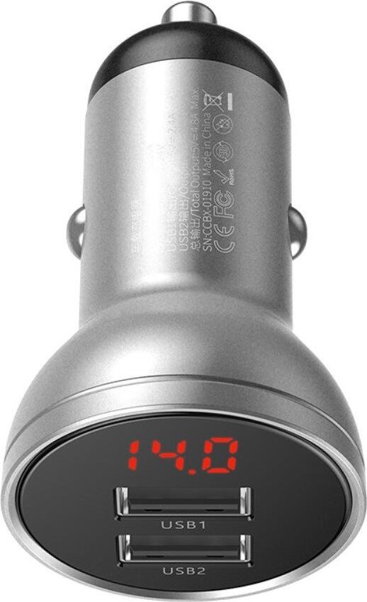 Baseus Dual USB-A Car Charger 24W 4.8A, Aluminum Alloy Fast Charger with LED Digital Voltage Display, 2x USB Ports, 12V-24V Universal Adapter