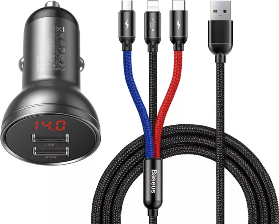 Baseus Car Charger 2xUSB Fast Charge 24W (with Cable 3 in 1), Black Suit Grey