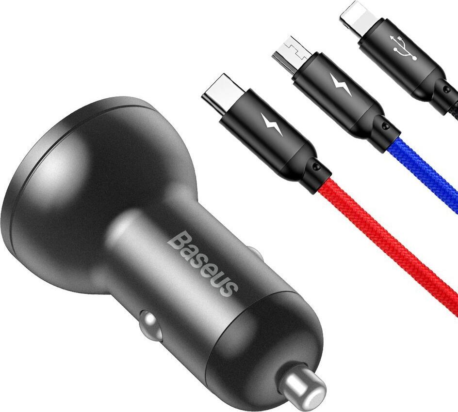 Baseus Dual USB Car Charger 24W 4.8A with Digital LED Voltage Display, Aluminum Body, Intelligent Fast Charging, includes 1.2m 3-in-1 Cable