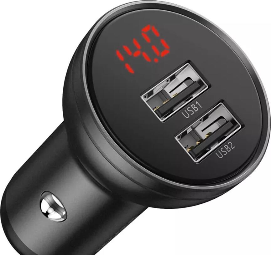 Baseus Dual USB Car Charger 24W 4.8A with Digital LED Voltage Display, Aluminum Body, Intelligent Fast Charging, includes 1.2m 3-in-1 Cable