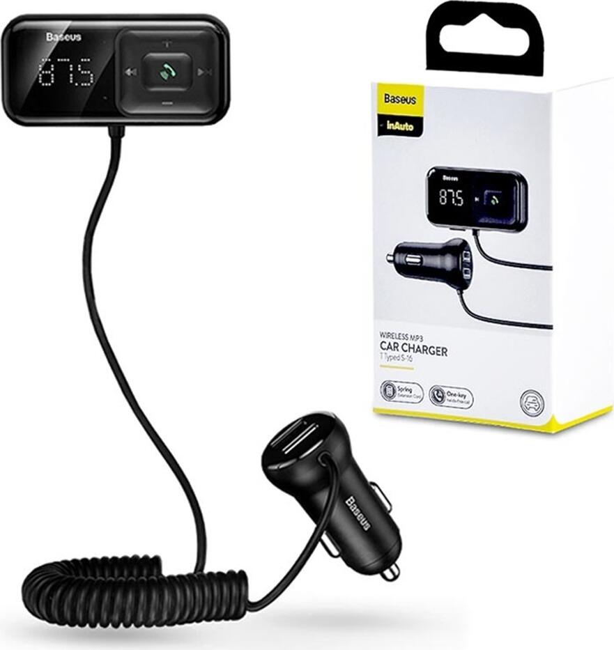 Încărcător Auto Baseus S-16 Modulator FM cu Bluetooth v5.0 și MP3 Player Wireless, Slot Card TF, Dual USB 5V/3.1A Max, Afișaj Digital, Negru