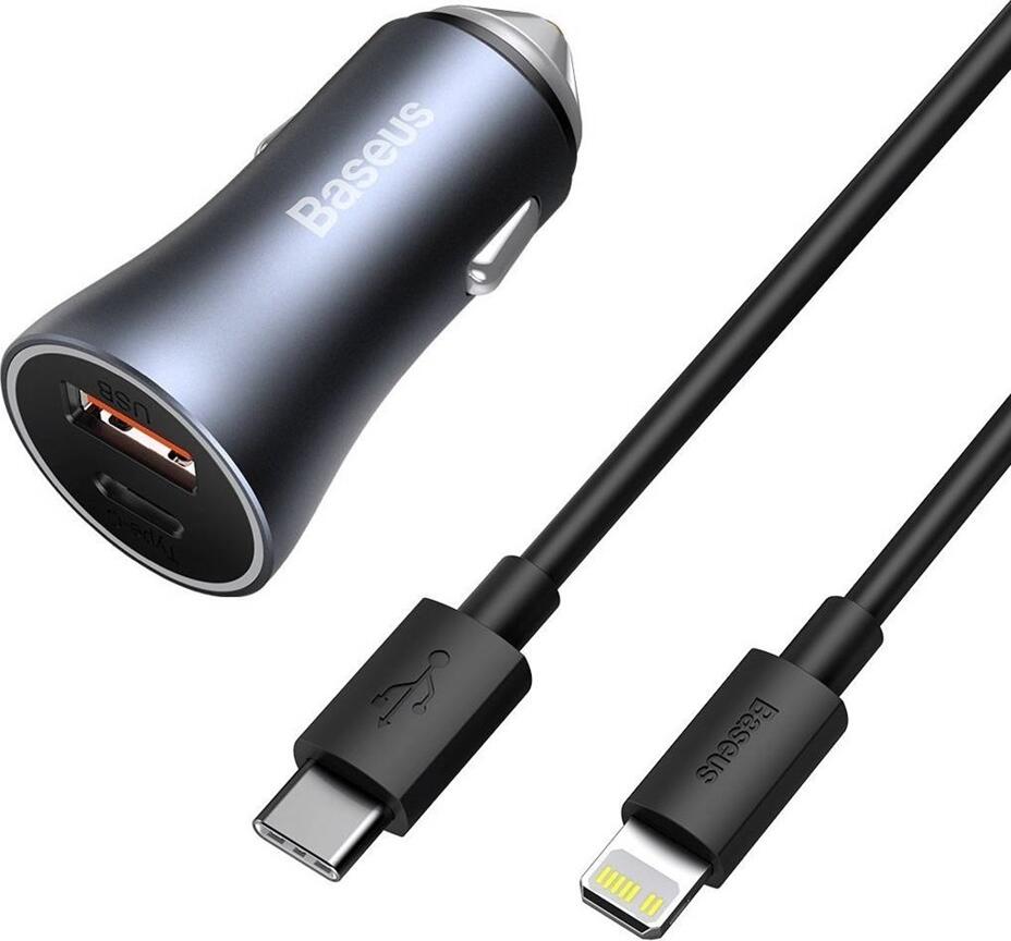 Baseus Car Charger USB/Type-C Dual Quick Charger 40W (With Baseus Cable Type-C to Lightning 1m), Gray