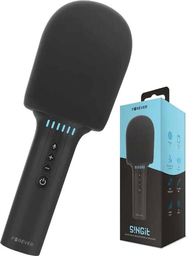 Forever BMS-500 S!NGit Bluetooth Microphone and Speaker, Black, Bluetooth 5.0, USB-C, TF Card, AUX, Voice Modulator, Echo, LED Backlight, Handheld