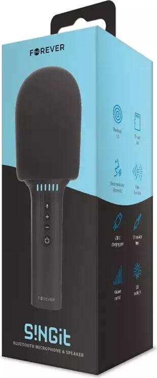Forever BMS-500 S!NGit Bluetooth Microphone and Speaker, Black, Bluetooth 5.0, USB-C, TF Card, AUX, Voice Modulator, Echo, LED Backlight, Handheld