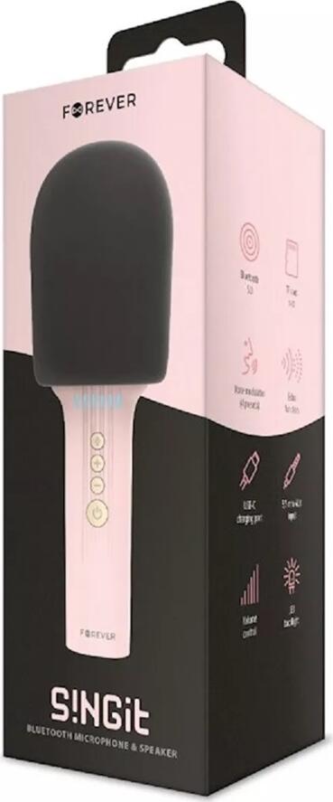 Forever BMS-500 S!NGit Bluetooth Microphone and Speaker, Pink, Bluetooth 5.0, USB-C, TF Card, AUX, Voice Modulator, Echo, LED Backlight, Handheld