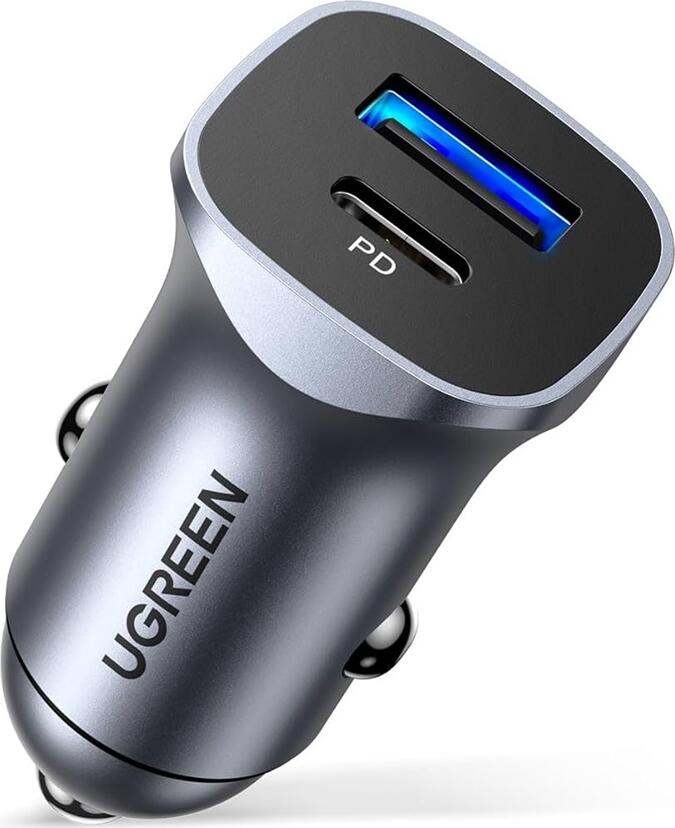 UGREEN Car Charger 1*USB-A + 1*Type-C Aluminum PD & QC 3A 24W, Silver