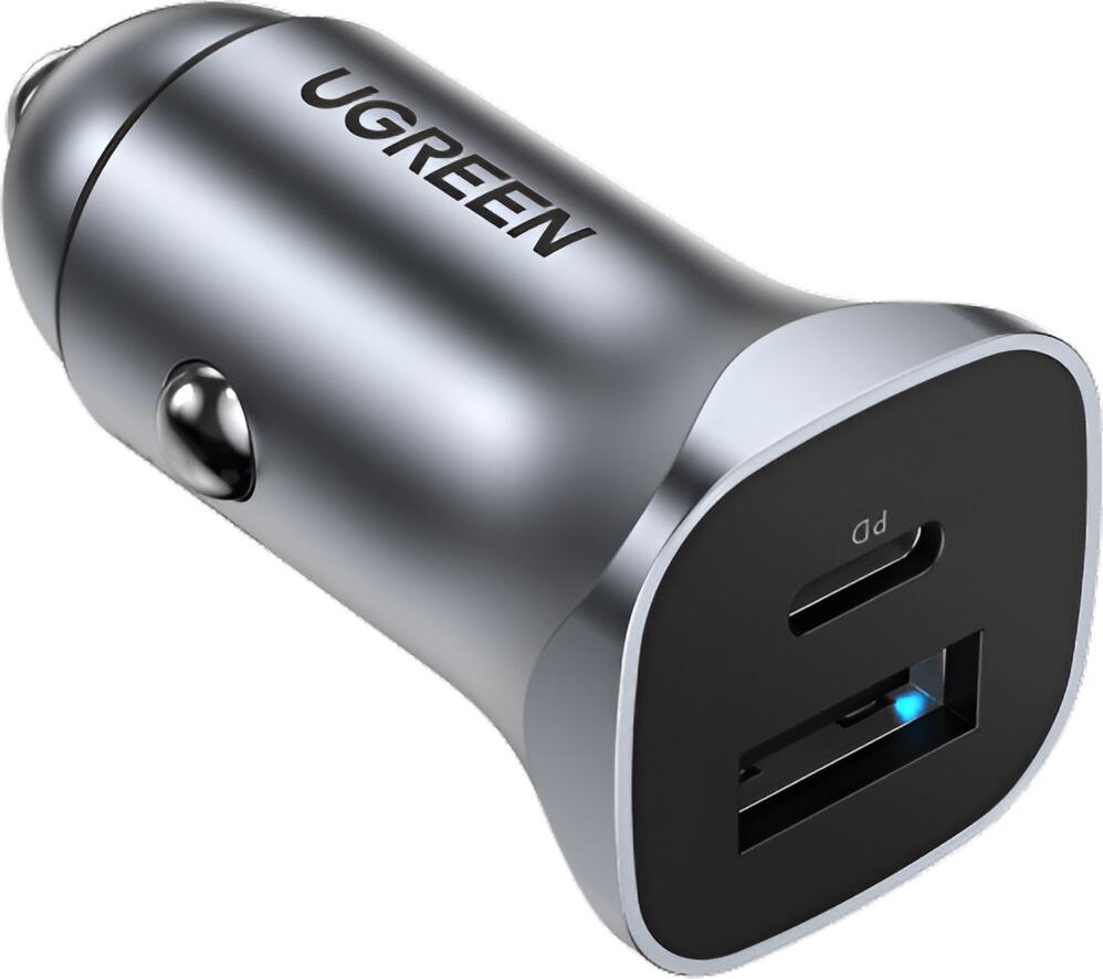 Incarcator Auto UGREEN din Aluminiu Dual Port USB-C si USB-A 24W Incarcare Rapida PD QC DC 12V-24V Carcasa din Aliaj de Aluminiu pentru Smartphone-uri si Tablete