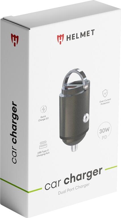 Helmet Car Charger Dual Port PD+USB 30W Smart Series, Black