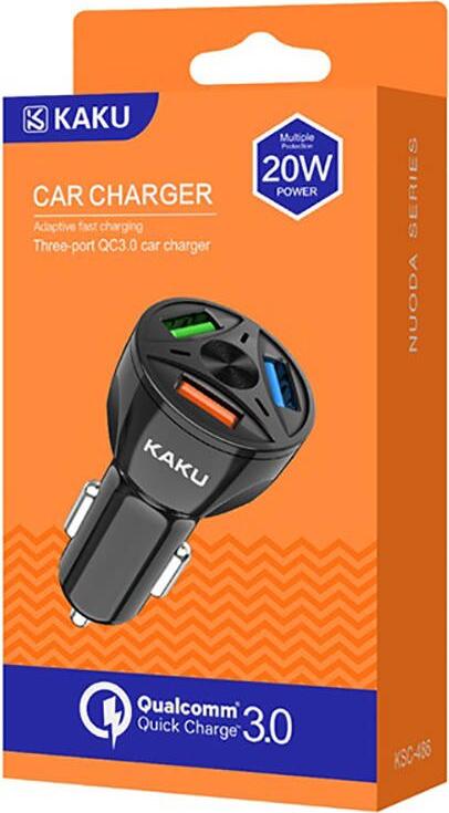 Încărcător Auto KAKU KSC-486 Nuoda 20W Max, Qualcomm Quick Charge 3.0, 3 Porturi USB Type-A 4.8A, Iluminare LED, Protecție Supratensiune, Negru