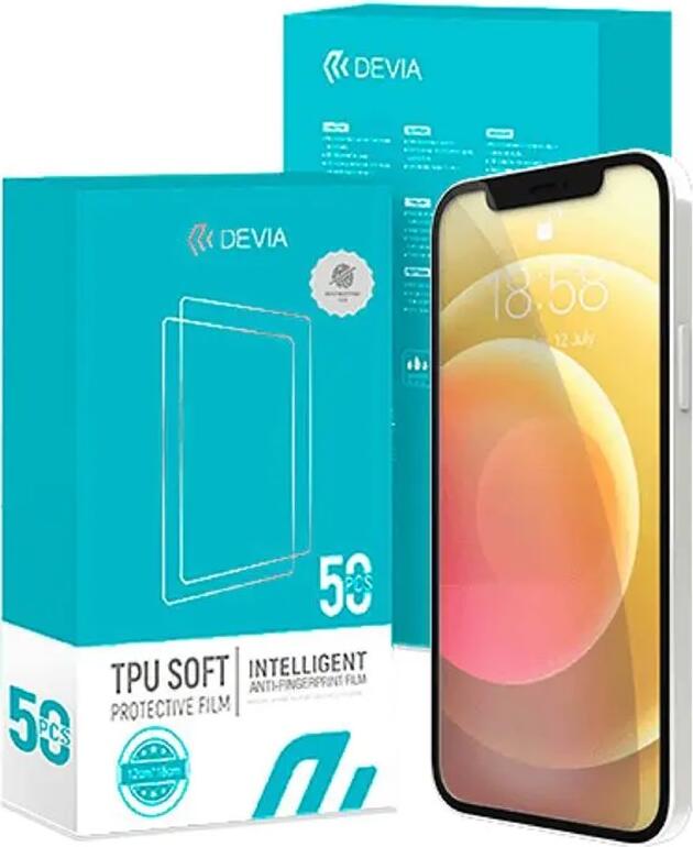 Devia Intelligent TPU Soft Protective Front Film, High-Definition Clear Screen Protector, Shock-proof, Scratch-proof, Self-healing, Hydrophobic, 0.15 mm, 50 pieces
