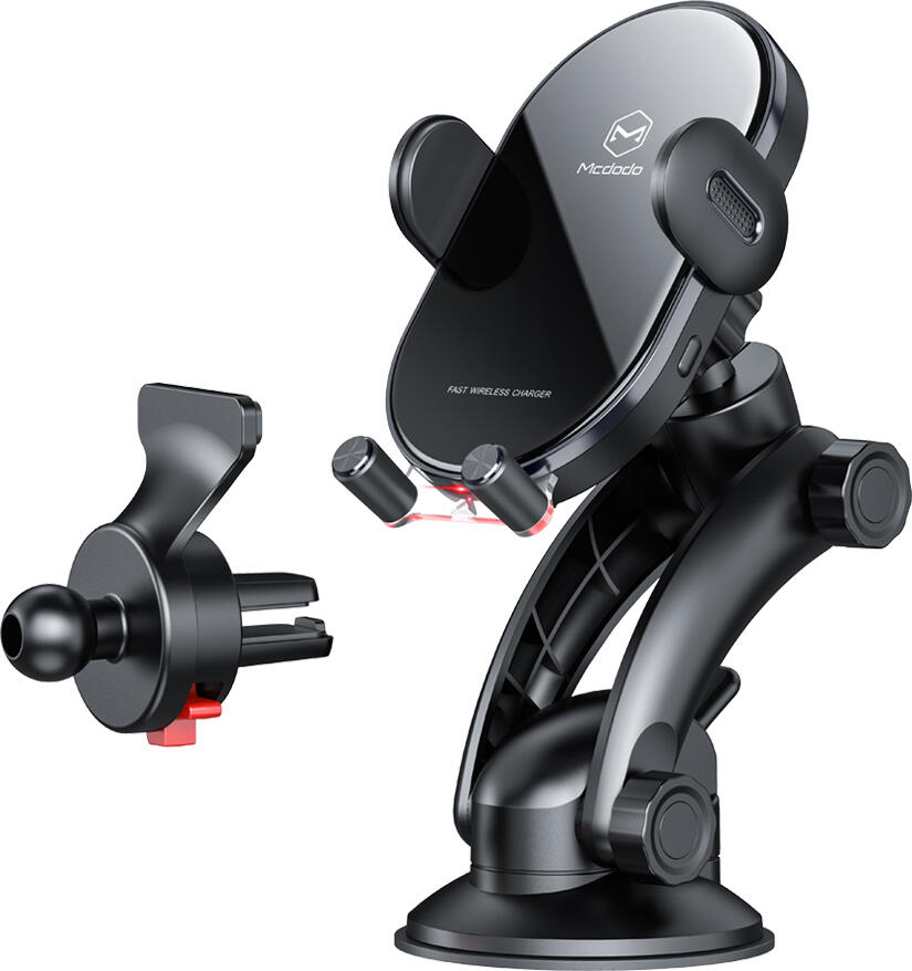 Mcdodo Space Series Wireless Car Charger 15W Fast Charging Mount, Automatic Clamp, 360 Rotation, Suction Cup and Air Vent Clip, Qi Compatible, Black