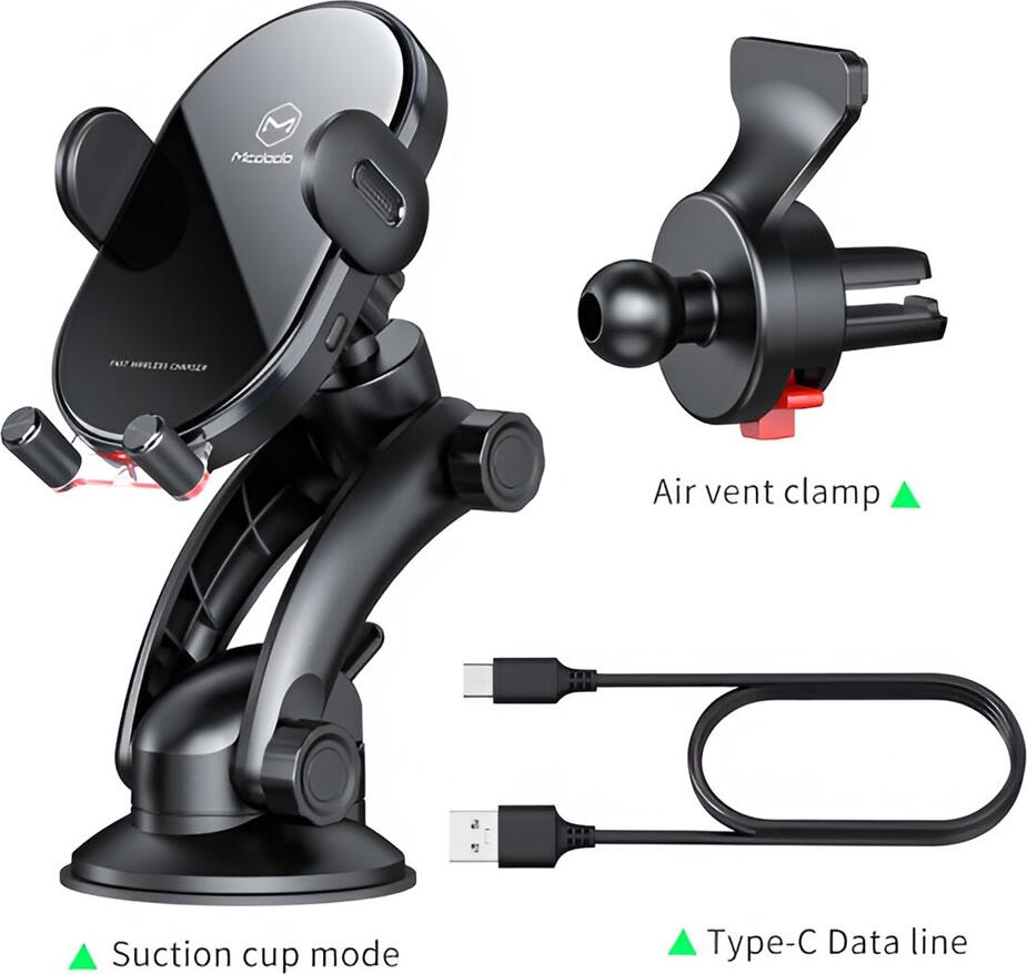 Mcdodo Wireless Charger Car Mount 15W Suction Cup Mount*1, Air Vent Clamp*1 Space Series, Black