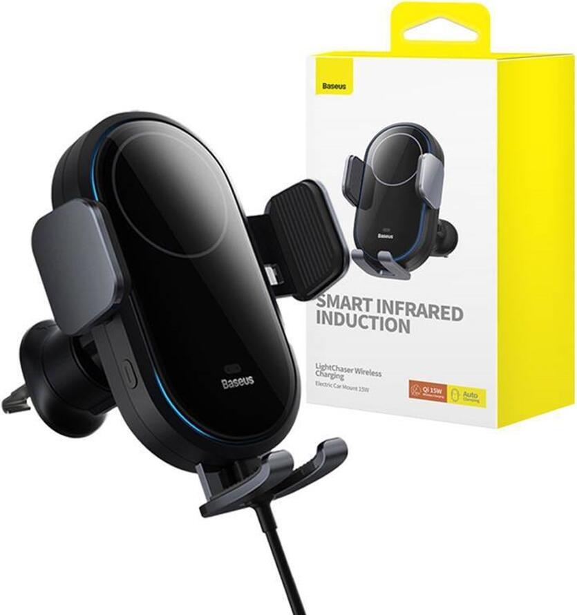 Suport Auto Baseus Chaser Series Gravity cu Incarcare Wireless SUWX030001, 15W Qi Fast Charge, Prindere Automata Gravitatie, Montare Grila Aer, Negru