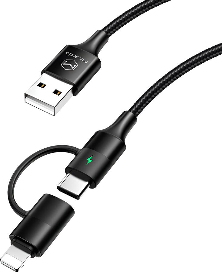 Mcdodo Cable Atom Series 2 in 1 USB-A to Lightning+Type-C with LED 2.4A 1.2m, Black