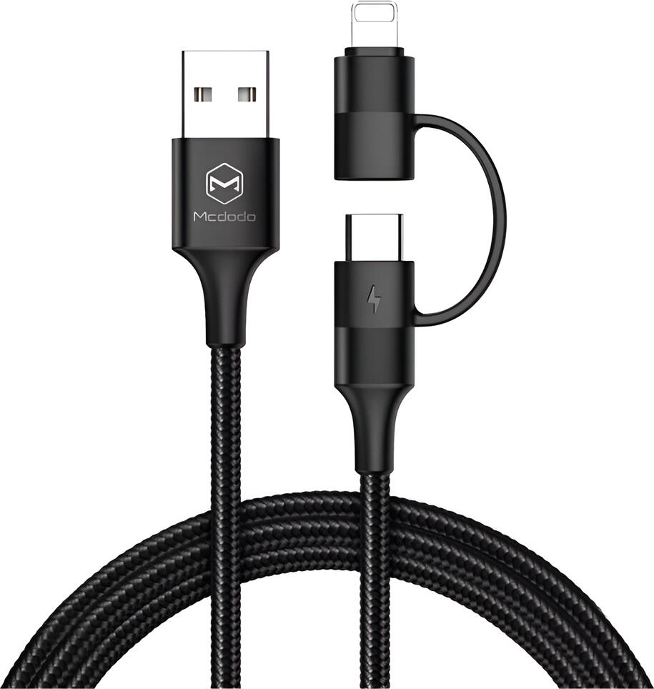 Mcdodo Atom Series 2-in-1 USB-A to Lightning and USB-C Charging & Data Cable, Braided TPE, 2.4A Fast Charge, LED Indicator, 1.2m
