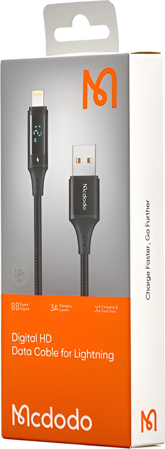 Mcdodo Digital HD USB to Lightning Cable 1.2m, LED Real-time Power Display, Fast Charging 3A, Nylon Braided Data Transfer Cable for iPhone iPad