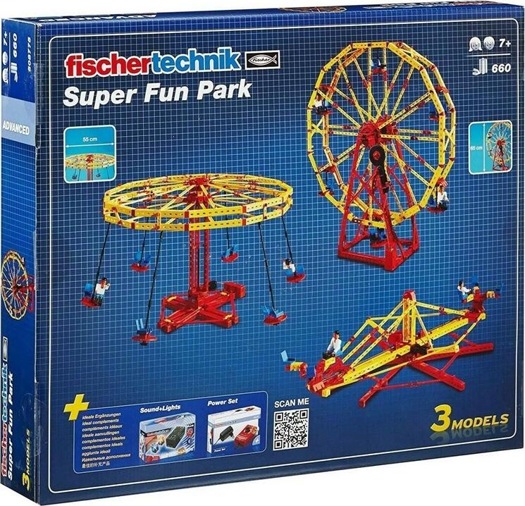 FischerTechnik Super Fun Park 508775 Construction Set, 660 Parts, 3-in-1 Motorized Models: Ferris Wheel (65cm), Swing Carousel & Ride, XS Motor