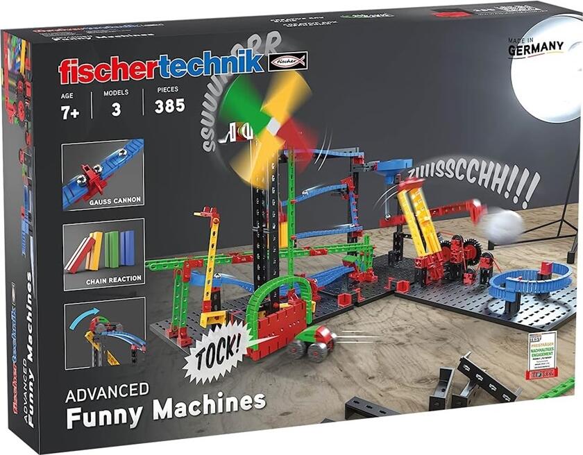 Set Constructie FischerTechnik Advanced Funny Machines 551588, 385 Piese, Kit de Mecanica si Fizica cu Circuite de Bile si Catapulta, Varsta 7+ ani