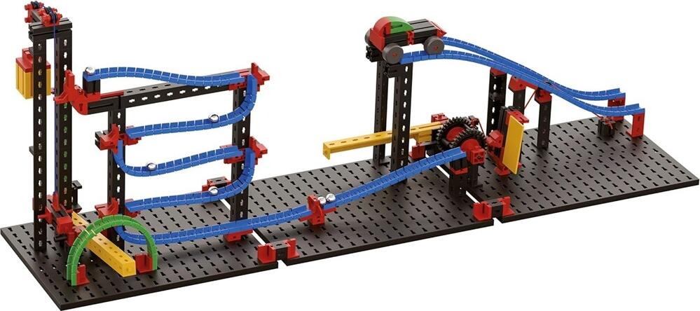 Set Constructie FischerTechnik Advanced Funny Machines 551588, 385 Piese, Kit de Mecanica si Fizica cu Circuite de Bile si Catapulta, Varsta 7+ ani