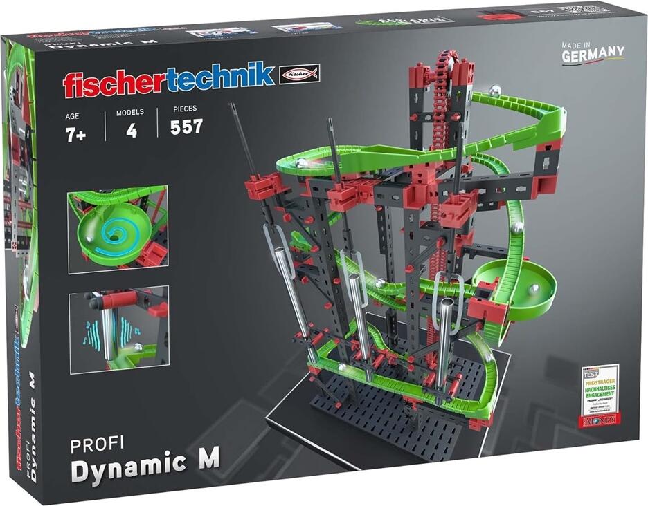 FischerTechnik Profi Dynamic M Construction Set 533872, 557 Pieces, Manual Chain Lift and Sound Tubes, 4 Obstacle Courses, Plastic, Made in Germany