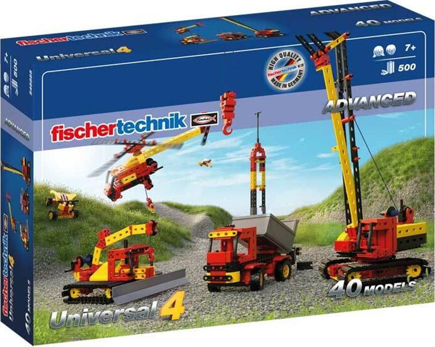 fischertechnik Advanced Universal 4 Construction Set 548885, 500 Plastic Parts for Engineering and Robotics, Build 40 Models including Crane and Helicopter
