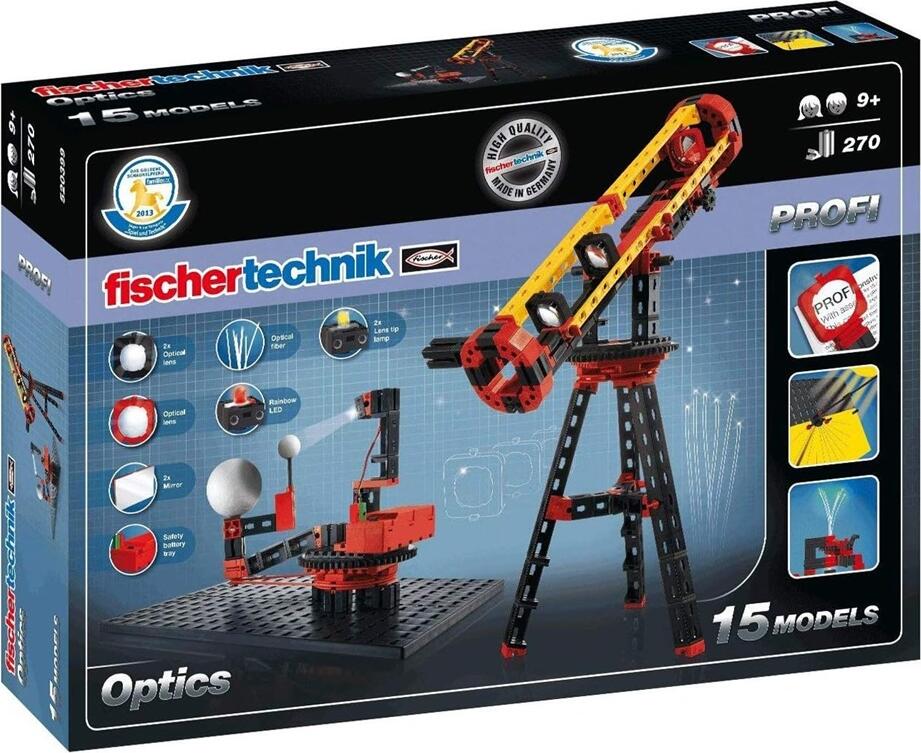 FischerTechnik Profi Optics STEM Educational Construction Set, 270 Parts for 15 Models, Lenses Mirrors Prisms and LED, Made in Germany, Age 9+