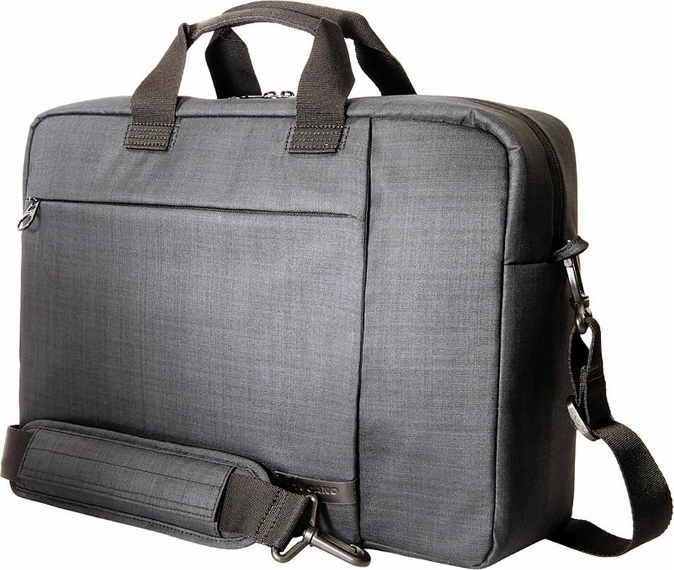Geanta pentru laptop Tucano Svolta compatibila cu laptopuri pana la 15 inch, din poliester rezistent cu interior din microfibra, profil slim ergonomic, rezistenta la socuri, cu curea ajustabila si manere, Negru