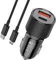 KAKU KSC-678 Car Charger 38W Max, USB-C PD 20W & USB-A QC 3.0 18W Dual Port Fast Charger, Carbon Fiber Design, with USB-C to Lightning Cable, Black
