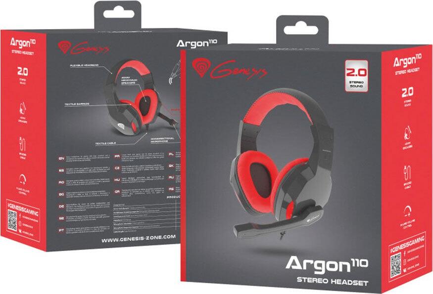 Casca Gaming Genesis Argon 110, On-Ear Closed Back, Difuzoare Dinamice 40mm, Microfon Omnidirectional, Cablu Impletit, Conector 2x 3.5mm Jack, Negru-Rosu